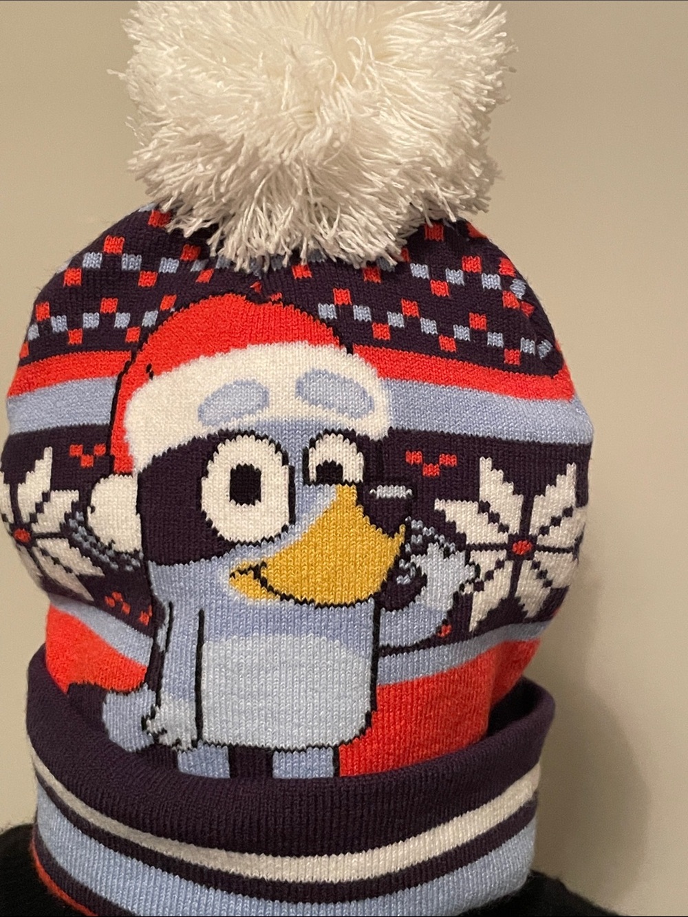Kids Pom Beanie Hat with Festive Dog - Blue/Red